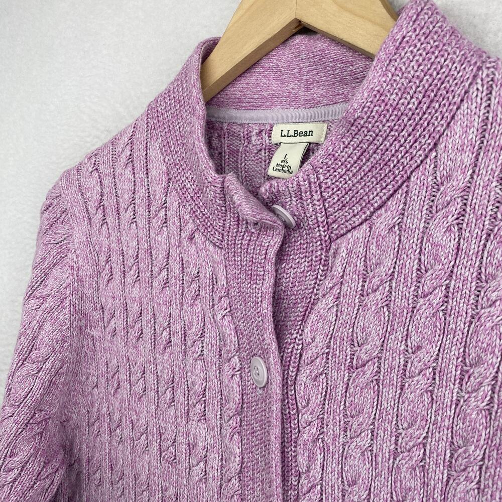 LL BEAN Cardigan Womens L Sweater Button Up Ribbed Cable Knit Cotton Purple - Picture 6 of 11